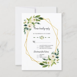 Chic White Green Floral Gold Frame Wedding RSVP Card