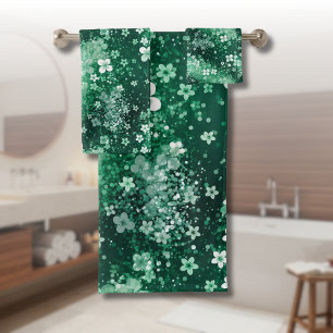 Chic White Green Shamrocks & Dots on Dark Green Bath Towel Set