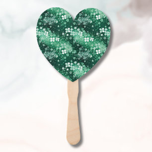 Chic White Green Shamrocks & Dots on Dark Green Hand Fan