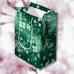 Chic White Green Shamrocks & Dots on Dark Green Medium Gift Bag