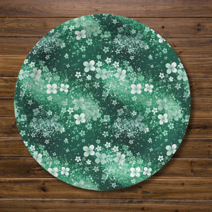 Chic White Green Shamrocks & Dots on Dark Green Paper Plate