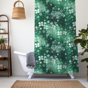 Chic White Green Shamrocks & Dots on Dark Green Shower Curtain