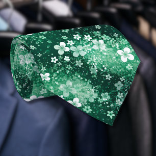 Chic White Green Shamrocks & Dots on Dark Green Tie