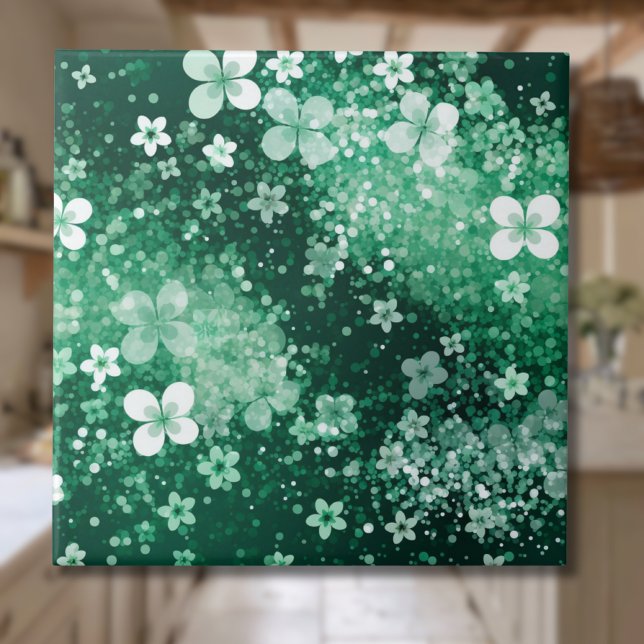 Chic White Green Shamrocks & Dots on Dark Green Tile (Creator Uploaded)
