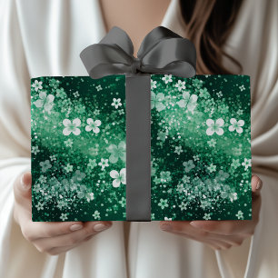 Chic White Green Shamrocks & Dots on Dark Green Wrapping Paper