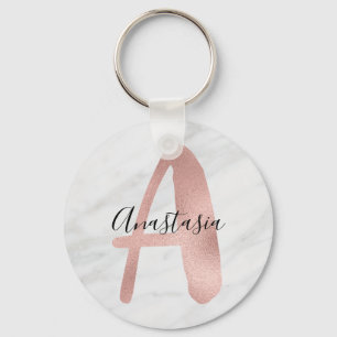 Chic White & Grey Marble Rose Gold A Monogram Name Key Ring
