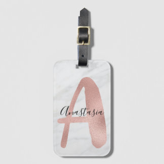 Chic White & Grey Marble Rose Gold A Monogram Name Luggage Tag