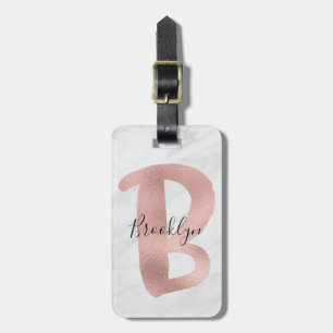 Chic White & Grey Marble Rose Gold B Monogram Name Luggage Tag