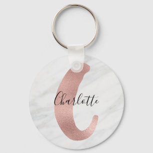Chic White & Grey Marble Rose Gold C Monogram Name Key Ring