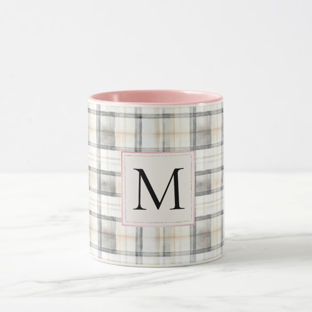Chic White Grey Plaid Stripes Monogram Mug (Center)