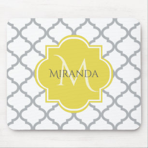 Chic White Grey Quatrefoil Yellow Monogrammed Name Mouse Pad
