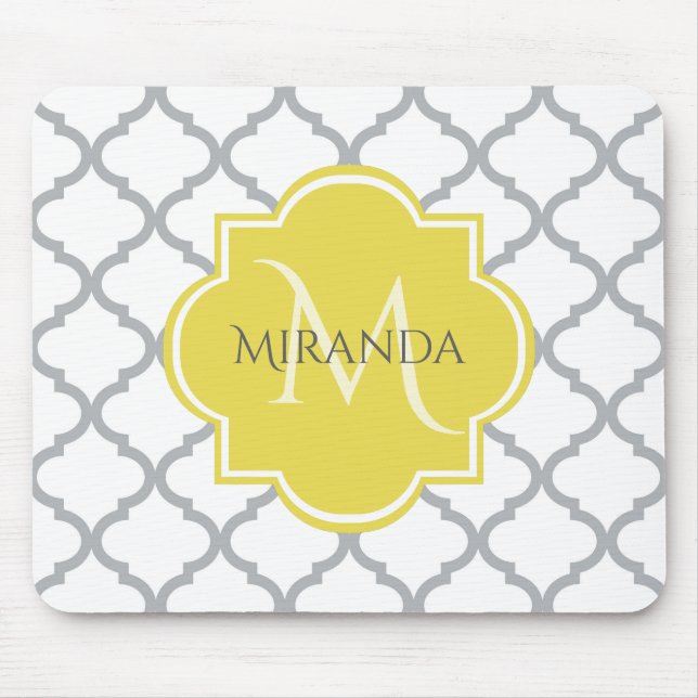 Chic White Grey Quatrefoil Yellow Monogrammed Name Mouse Pad (Front)