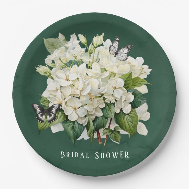 Chic White Hydrangea and Butterfly Bridal Shower Paper Plate (Front)
