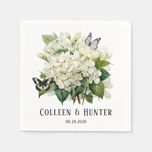Chic White Hydrangea and Butterfly Wedding Napkin (Front)