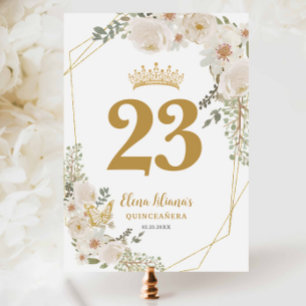 Chic White Ivory Floral Quinceanera Table Number