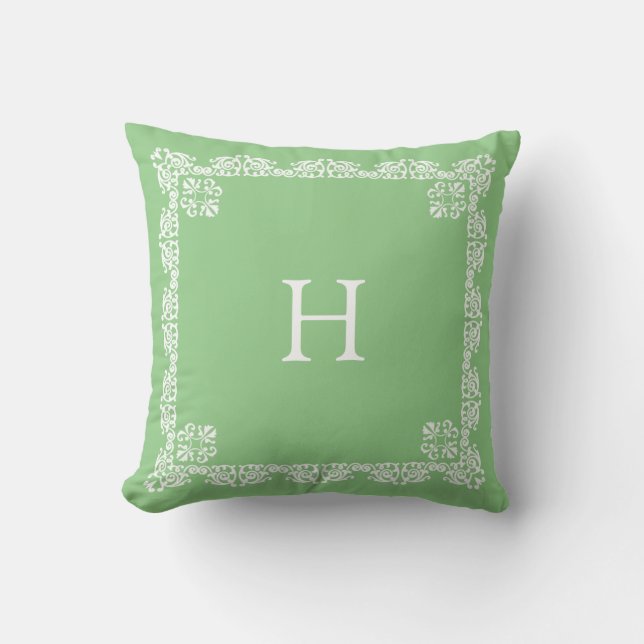 Chic White Lace Vector & Monogram on Light Green Cushion (Front)