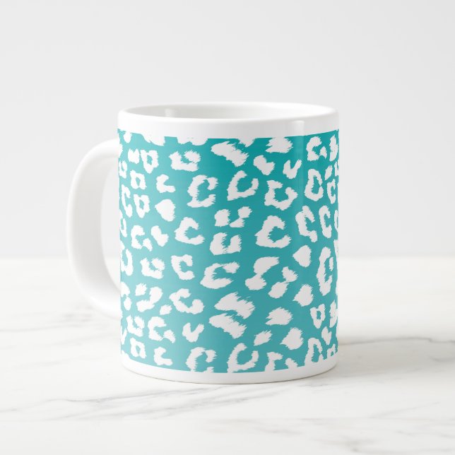Chic White Leopard Spots on Turquoise Large Coffee Mug (Front Left)