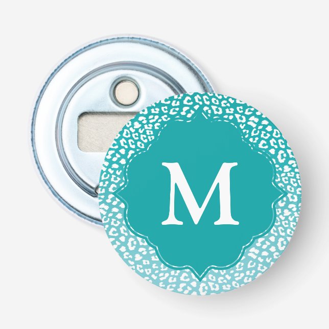 Chic White Leopard Spots on Turquoise Monogram Bottle Opener (Front)