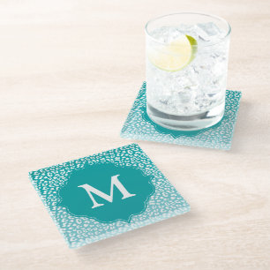 Chic White Leopard Spots on Turquoise Monogram Glass Coaster