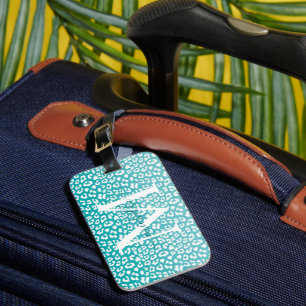 Chic White Leopard Spots on Turquoise Monogram Luggage Tag