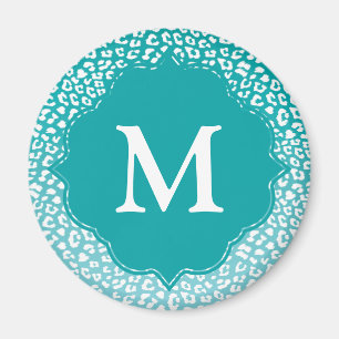 Chic White Leopard Spots on Turquoise Monogram Magnet
