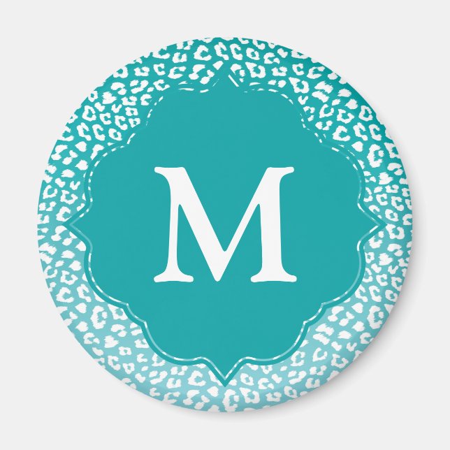 Chic White Leopard Spots on Turquoise Monogram Magnet (Front)