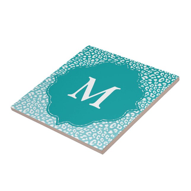 Chic White Leopard Spots on Turquoise Monogram Tile (Side)