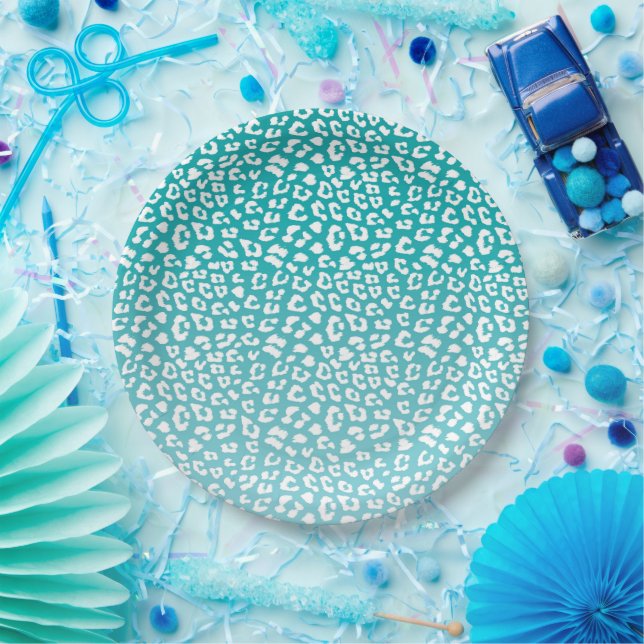 Chic White Leopard Spots on Turquoise Paper Plate (Party)