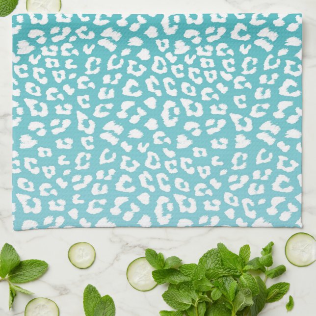 Chic White Leopard Spots on Turquoise Tea Towel (Folded)
