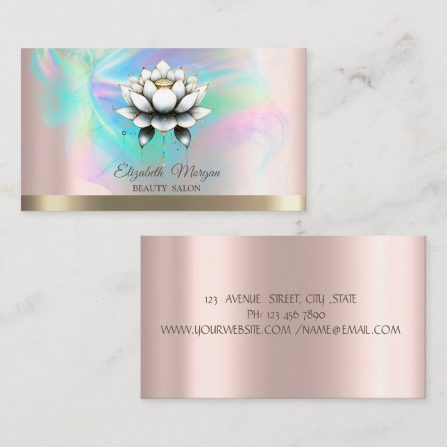 Chic White Lotus Holographic Ink Rose Gold Business Card (Front/Back)
