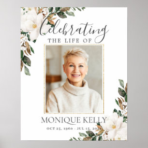 Chic White Magnolia Floral Photo Funeral Memorial Poster