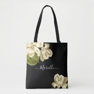 Chic White Magnolias On Black Stylish Tote Bag