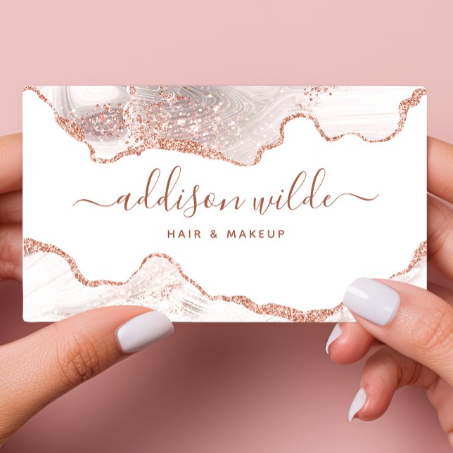 Chic White Marble Agate Rose Gold Glitter  Business Card (Creator Uploaded)