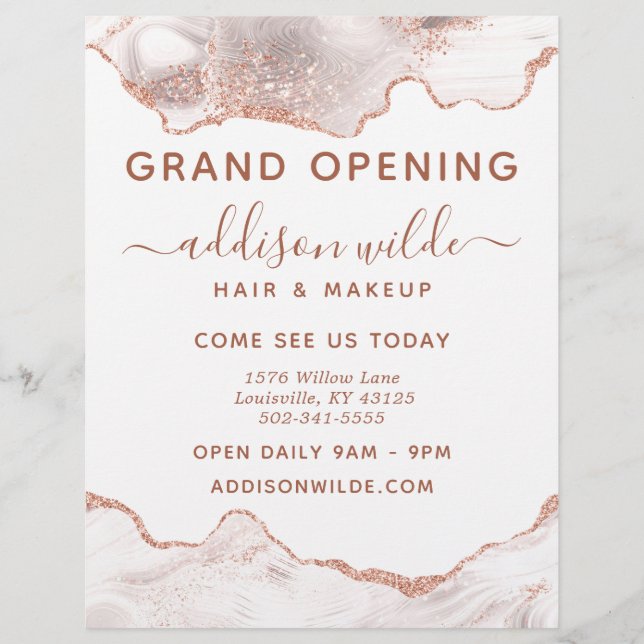 Chic White Marble Agate Rose Gold Glitter Business Flyer (Front)