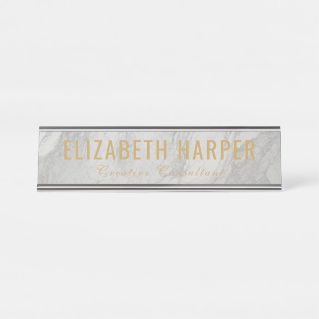 Chic White Marble & Gold Boss Lady Custom Desk Name Plate (Front)