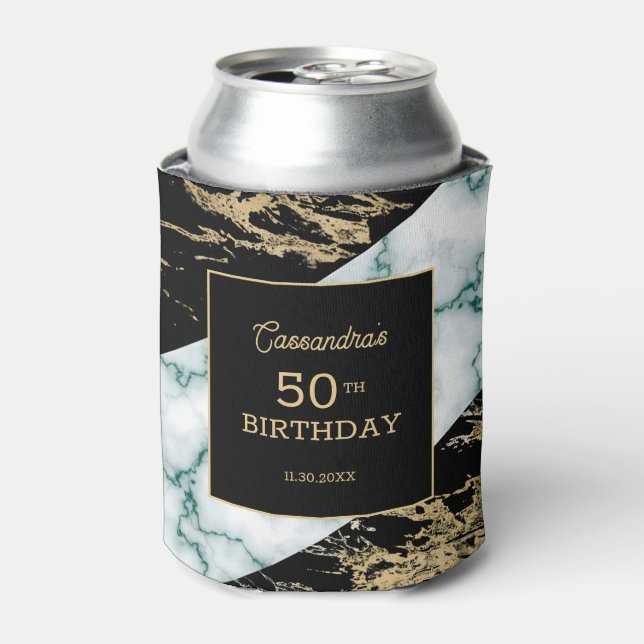 Chic White Marble Gold Foil Paint Texture Birthday Can Cooler (Can Front)
