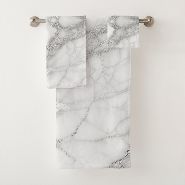 Chic White Marble Silver Glitter Veins Summer Bath Towel Set (Insitu)