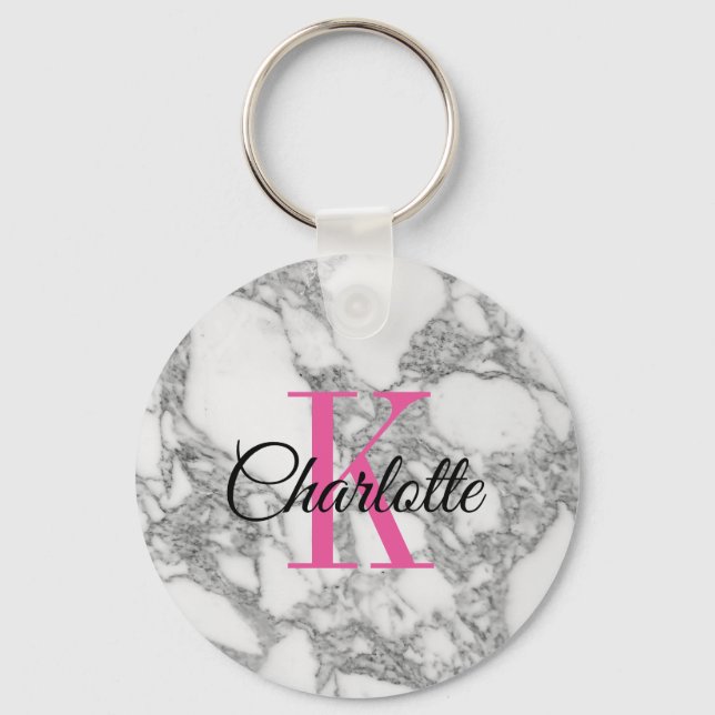 Chic white marble stone custom monogram keychain (Front)