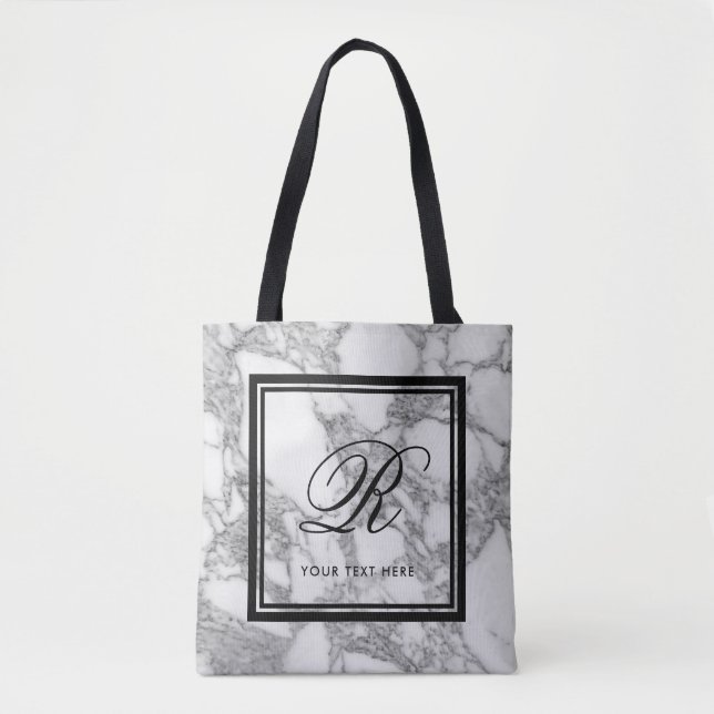 Chic white marble stone texture custom monogram tote bag (Front)