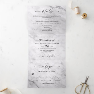 Chic White Marble with Silver Foil Wedding Tri-Fold Invitation