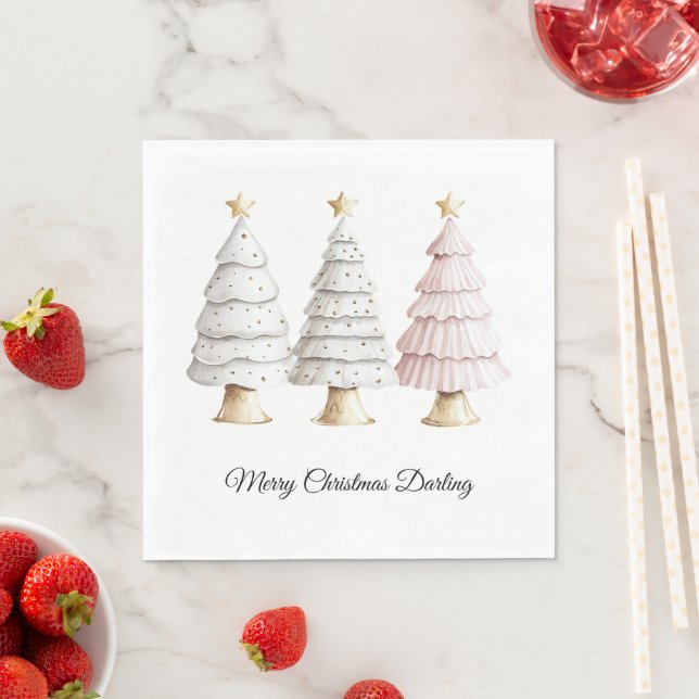 Chic White Mint Pink Christmas Trees Napkin (Insitu)