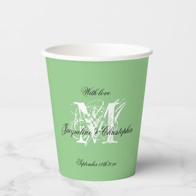 Chic White Monogram Black Names Soft Green Paper  Cups (Front)