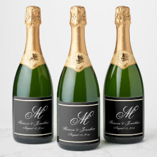 Chic White Monogram Script Black Wedding Sparkling Wine Label