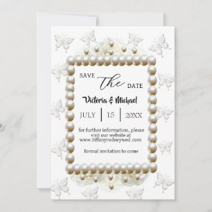Chic White Pearl Butterfly Wedding Save-The-Date Invitation