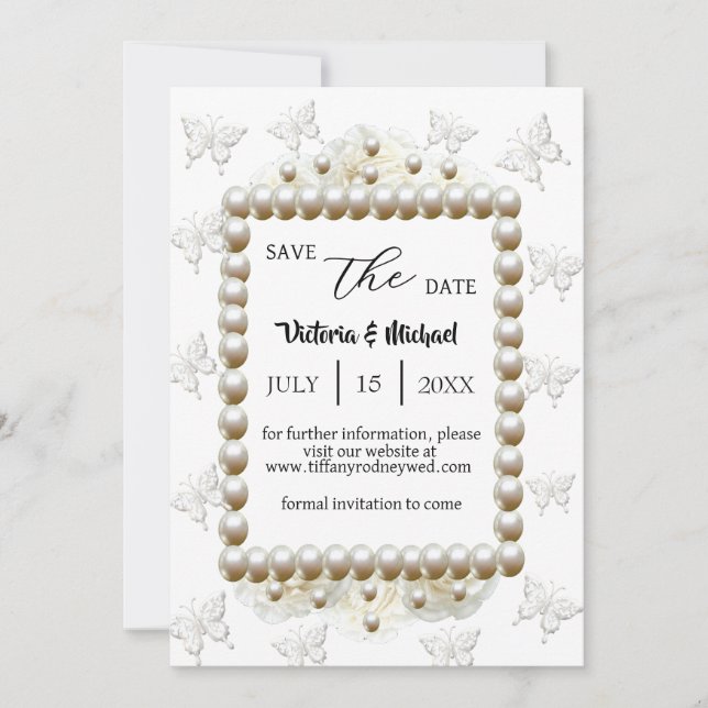 Chic White Pearl Butterfly Wedding Save-The-Date Invitation (Front)