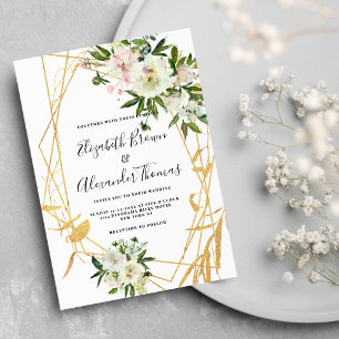 Chic white peony gold terrarium floral wedding invitation