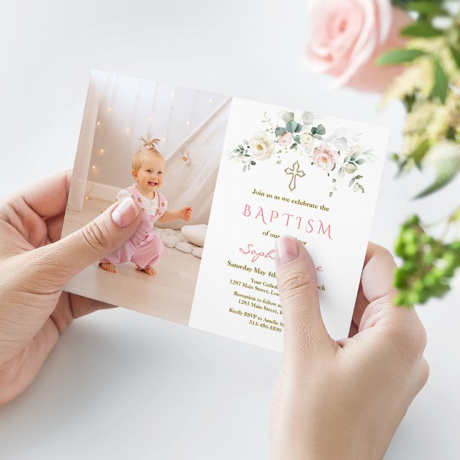 Chic White Pink Floral Gold Girl Photo Baptism  Invitation (Creator Uploaded)