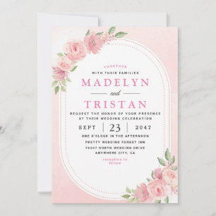 Chic White Pink Floral Minimalist Photo Wedding Invitation
