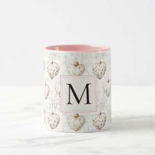 Chic White Pink Heart Ornaments Monogram Mug
