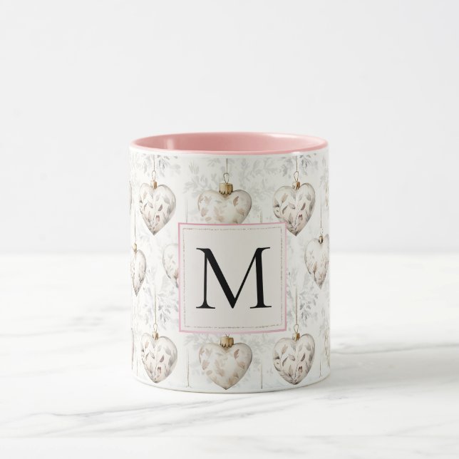 Chic White Pink Heart Ornaments Monogram Mug (Center)